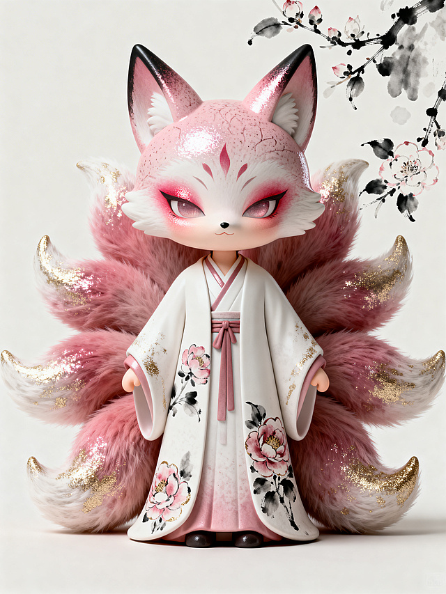 OC渲染器，泡泡玛特潮玩风格，3D立体Q版可爱九尾狐全身形象，哑光树脂表面仿山茶花瓣纹理，烟粉胭脂哑光底色、纹路嵌浅金细闪，触感带细腻颗粒且花瓣纹路显层次阴影，面部绢丝肌理、染胭脂水墨晕染、颊边叠胭脂色反光，九条狐尾蓬松渐变烟粉胭脂色并缀浅金细闪，身着大留白极简主义明制披风、绣山茶团花，旁绘水墨晕染山茶枝，中式留白美学，超现实主义，浅色极简背景，8k极致细节，电影级光影