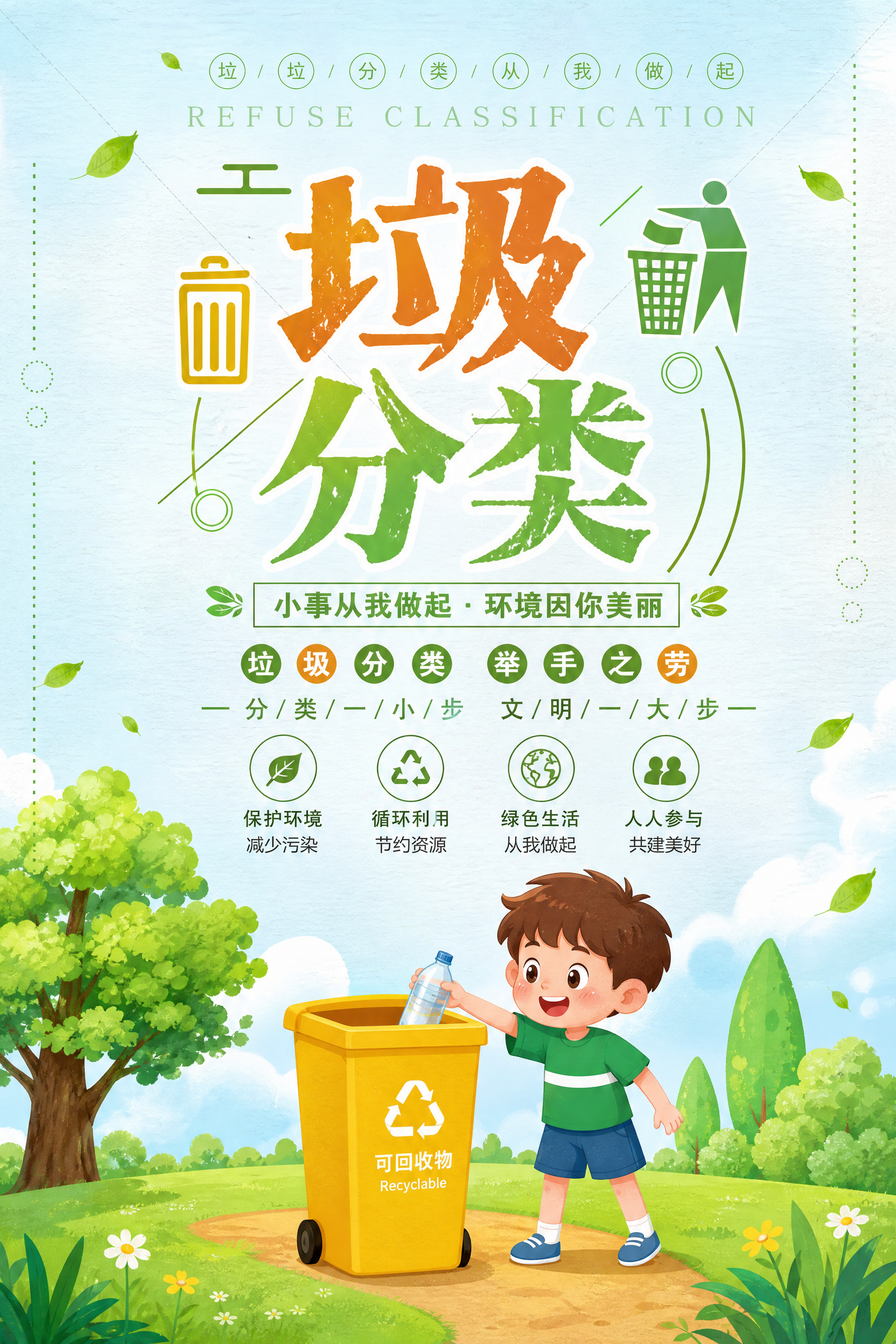 参考图片风格，重新生成一张垃圾分类主题竖屏海报。卡通插画风格，… - 图片创意预览