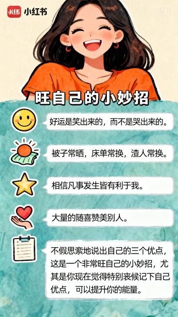 手绘漫画风格小红书内页，顶部自信微笑大女主形象，穿橙色上衣，背景浅米色。中间五条“旺自己的小妙招”纵向排列，每条左侧配手绘图标：1.微笑表情图标，文字“好运是笑出来的，而不是哭出来的。”；2.太阳晒被预览效果
