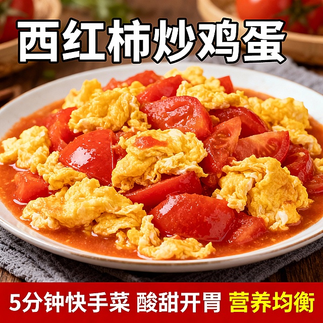 请帮我生成一个小红书美食爆款  西红柿炒鸡蛋图片，要求符合小红书图片尺寸。 突出快捷，营养，酸甜可口。  图片上标注菜名，以及菜的吸引人之处。
