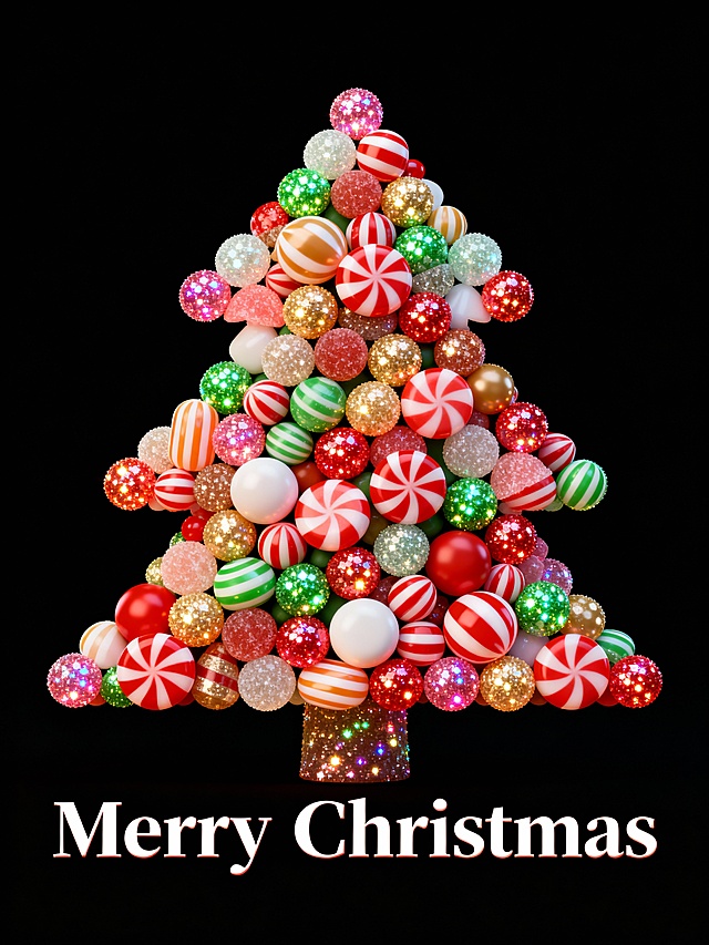 3D糖果圣诞树，重拟物风与波普艺术结合，塑料质感球体堆叠成树形，粒子光效闪耀，喜庆感十足，节日氛围浓厚。