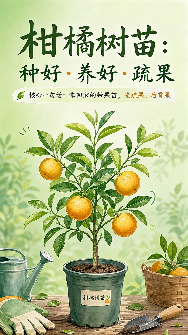 柑橘树苗种植养护手卡封面，清新手绘插画风格，画面中央是一棵健康的柑橘树苗，树上挂着几个金黄的橘子，背景是淡绿色渐变，顶部有大字标题"柑橘树苗：种好·养好·疏果"，下方有一行小字"核心一句话：拿回家的带果苗，先疏果、后赏果"，整体风格简洁温馨，多图少字，适合家庭园艺爱好者，2K分辨率
