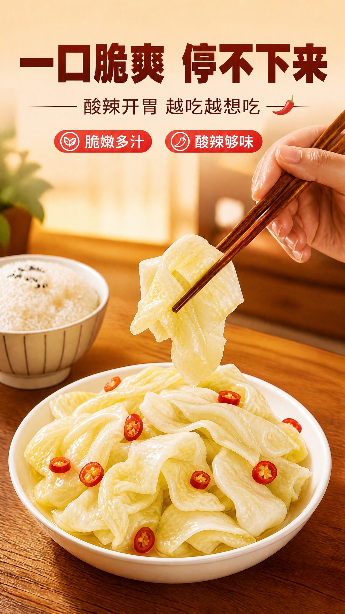 将画面中碗里的泡莲花白菜品及筷子夹起的泡菜替换为【图3】中的泡… - 图片创意预览