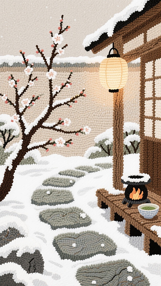 日式庭院的青石小径铺雪，石灯笼亮着暖光，梅枝斜伸，花瓣沾雪。木廊下摆着暖炉，放着抹茶碗，雪落在灯笼纸罩上，浅棕 + 雪白配色，静谧禅意的冬日氛围。