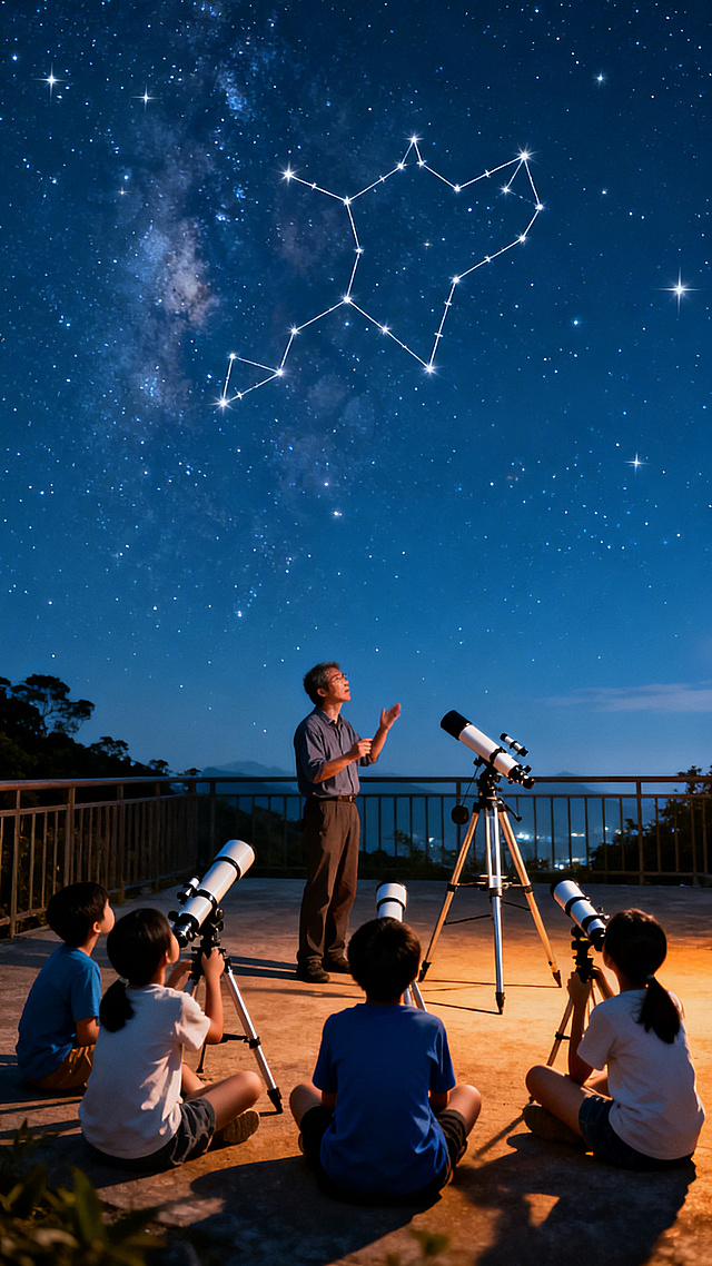 夜间龘山观星平台，专业天文老师给孩子讲解星座知识，孩子使用天文望远镜寻找北斗七星、猎户座，大家围坐在一起，星空璀璨，充满探索氛围