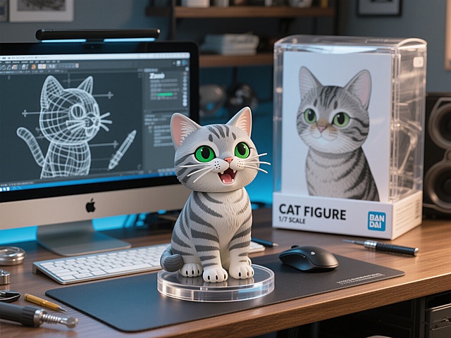 超写实风格灰色条纹猫1/7比例手办，置于电脑桌中央，圆形透明亚克力底座无文字。手办细节忠实还原参考图中猫的绿色大眼、张嘴表情和爪印特征，毛发纹理清晰，PVC+ABS材质光泽感。右侧为万代风格透明玩具盒，盒面印有参考图原始画作，盒身白色无描边字体标注“CAT FIGURE 1/7 SCALE”。左侧电脑屏幕显示Zbrush建模界面，包含猫头布线图和雕刻笔触。背景融入木质电脑桌纹理、银色键盘、黑色鼠标及建模工具，整体光影层次分明，色调以灰白条纹为主，搭配科技蓝屏幕光与金属质感