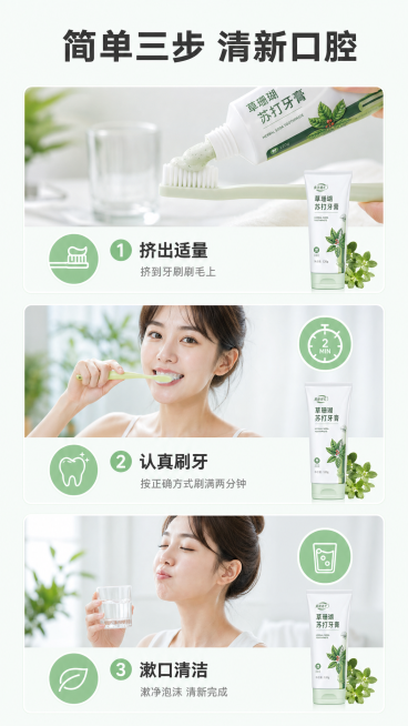[第5屏] 使用步骤展示屏，分步展示草珊瑚苏打牙膏的正确使用方法。
[氛围/风格] 清晰直观步骤风，生活场景感，干净明快，设计简约。
[元素布局] 竖向分三步，每一步占据画面约三分之一，每个步骤为上图预览效果