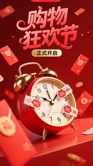 电商营销海报，顶部"购物狂欢节"标题，红色背景衬托促销感的闹钟，飘落的红包，优惠券，底部黑金副标框"正式开启"预览效果