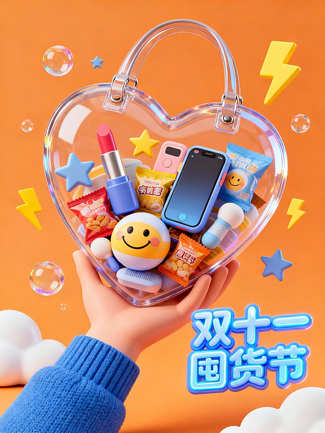 软3D风心形透明包满载萌趣国货，搭配波普色彩与卡通元素，甜蜜可爱，传递双十一购物狂欢的欢乐氛围。
