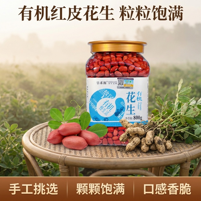 帮我生成6张电商主图,室外背景是花生种植田园,产品放在桌子上,桌子上摆放着拔出来的花生和枝叶,花生是四颗并排的红皮花生预览效果