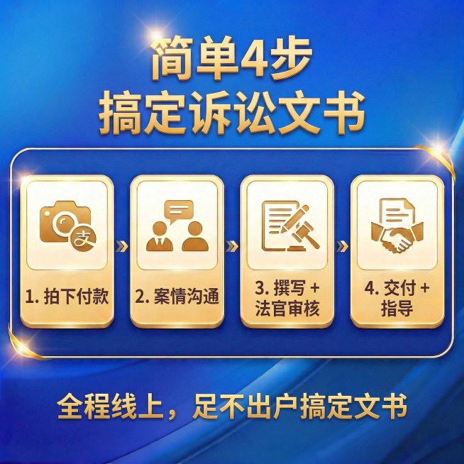 完全保留原图的蓝金配色、四步横向卡片排版、金色立体字、金色描边框、箭头装饰全部不变，仅调整主标题排版并替换文案内容：第一行主标题“简单4步”，字号放大，第二行副标题“搞定诉讼文书”，四个流程步骤依次替预览效果