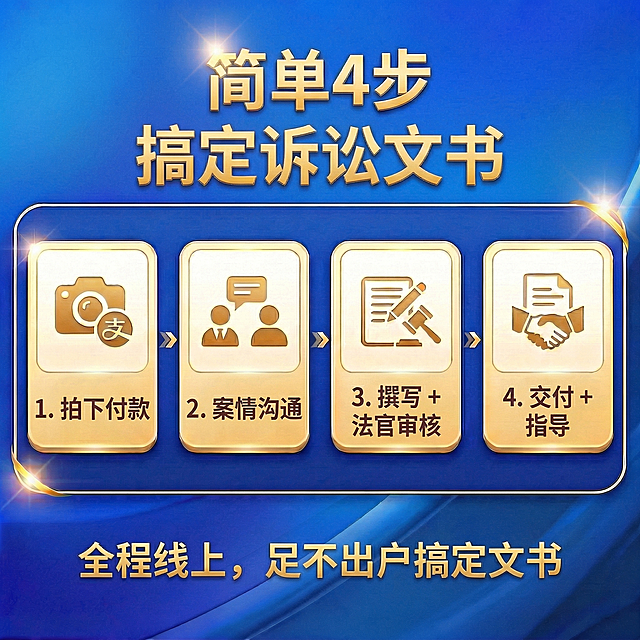 完全保留原图的蓝金配色、四步横向卡片排版、金色立体字、金色描边框、箭头装饰全部不变，仅调整主标题排版并替换文案内容：第一行主标题“简单4步”，字号放大，第二行副标题“搞定诉讼文书”，四个流程步骤依次替换为“1. 拍下付款 → 2. 案情沟通 → 3. 撰写 + 法官审核 → 4. 交付 + 指导”，底部副标题替换为“全程线上，足不出户搞定文书”，每个步骤的图标保持和内容适配的风格，其他所有元素保持不变