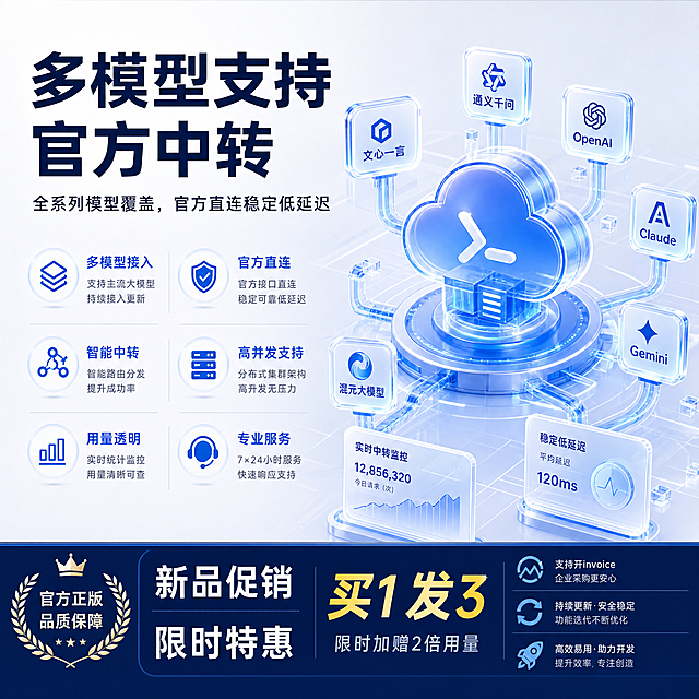 「图片1」根据这张图，制作副主图，风格一致的一套电商主图，主图2：宣传有技术支持，售后无忧 主图3：宣传真实模型，真实消耗 主图4：宣传长期稳定，商用无忧 主图5：宣传多模型支持，官方中转
