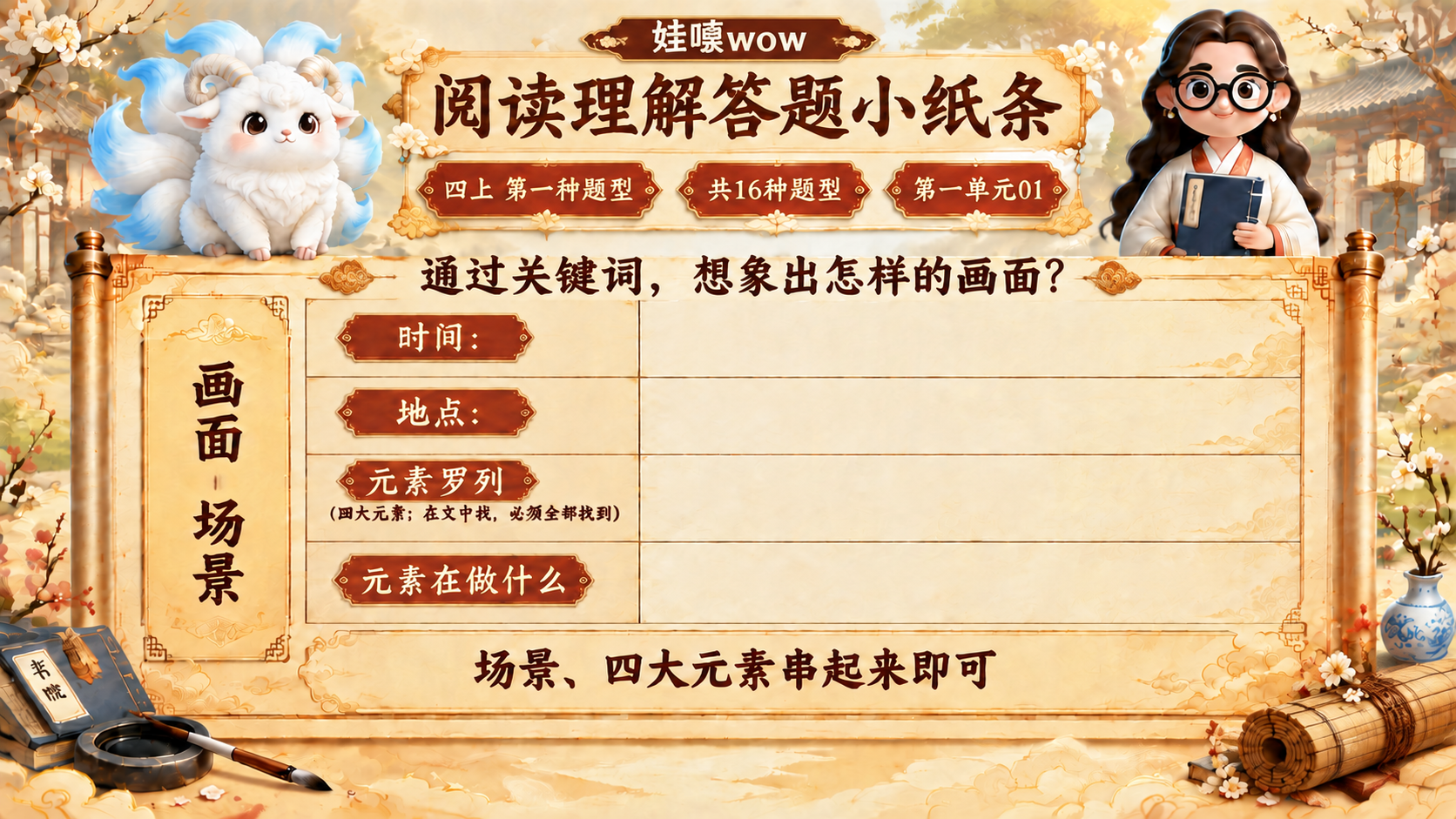 修改这张国风卷轴答题小纸条海报：1）去掉右下角的二维码占位红色… - 图片创意预览