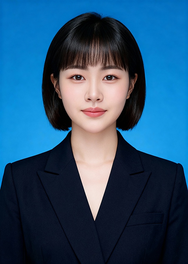 参考第一张图保留人物脸型和发型特征生成证件照标准样式;美颜轻度磨皮;穿着高级深色V领西装,韩系妆容;参考第二张图的人物占位和比例;居中平视正面视角,纯正面,胸部以上半身像;去除一切饰品;光线均匀柔和,画质清晰,表情自然,头部完整,去除人物之外的所有元素,简约蓝色背景;严格按照第一张图的内容生成｡