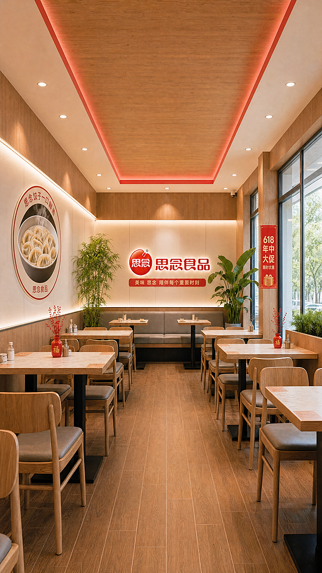 「图片1」「图片1」左侧墙壁上的包子换成一碗饺子，天花板上的出风口去掉，一圈的吊灯换成红色长块，盖住灯光；右边窗户外的场景换成白天