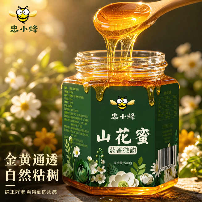 [主图-3] 山花蜜细节成分特写图
[氛围风格] 微距质感，突出蜂蜜通透诱人的细节
[画质] 商业摄影质感、光线柔和通透、产品清晰真实、画面干净高级
[元素] 玻璃瓶装山花蜜主体居中，舀出一勺蜂蜜，微预览效果