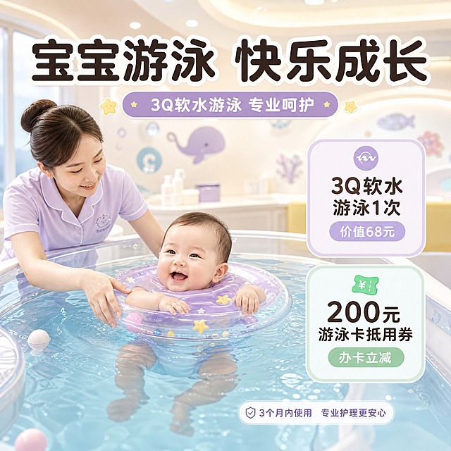 [主图-5] 99元孕妈礼包宝宝游泳体验场景，温馨婴儿游泳馆画面。
[统一基调] 温馨母婴风格，主色为奶油白+浅紫+暖金色，辅助色为浅粉和鹅黄；标题用圆润粗黑体，卖点标签用圆角胶囊样式，整体柔和通透、干净温暖。
[画面] 画面中央是一个可爱的新生儿宝宝（3个月内，健康肤色，表情愉悦）戴着游泳圈在透明婴儿泳池中，池水清澈泛蓝。泳池旁有一位护理人员的手轻轻护着宝宝。背景是明亮温馨的婴儿游泳馆环境，浅色调，有柔和的灯光和可爱的海洋元素装饰。画面右侧有两个圆角卡片，分别标注"3Q软水游泳1次"和"200元游泳卡抵用券"。整体氛围温馨安全，传递宝宝游泳的快乐。
[光影质感] 柔和室内灯光，水面有自然反光，宝宝皮肤柔嫩真实，泳池透明质感清澈，整体光线明亮温暖。
[配色] 背景浅蓝+白色，水色清澈淡蓝，宝宝皮肤粉嫩，卡片用浅紫和浅绿。
[文字版式] 顶部大标题"宝宝游泳 快乐成长"，副标题"3Q软水游泳 专业呵护"。右侧两个圆角卡片：上方"3Q软水游泳1次 价值68元"，下方"200元游泳卡抵用券 办卡立减"。底部小字"3个月内使用 专业护理更安心"。文字清晰不遮挡主体。
[输出要求] 1:1正方形，2K分辨率，宝宝形象可爱自然，文字清晰可读，无变形错字，无水印无平台logo，无杂乱元素，宝宝姿势安全自然。