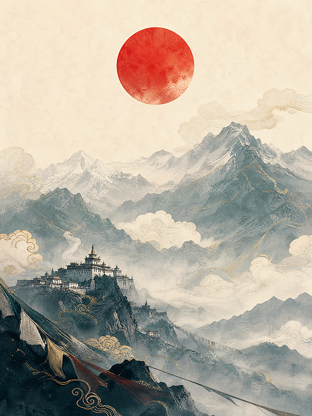 现代简约高级风东亚水墨背景，远处西藏山脉覆盖冷灰色混青苔烟青色，融入薄雾层营造神秘深邃感。中式风格化柔云缭绕山间，精致飘逸。远景有古老西藏寺庙和随风飘扬的经幡。主色调为奶油米色、冷灰蓝色、浅石板灰，点缀奢华珠光金色。上方有一轮巨大红红日，神秘电影感。整体为电影感奢华东方极简风格，富有艺术深度，适合做海报