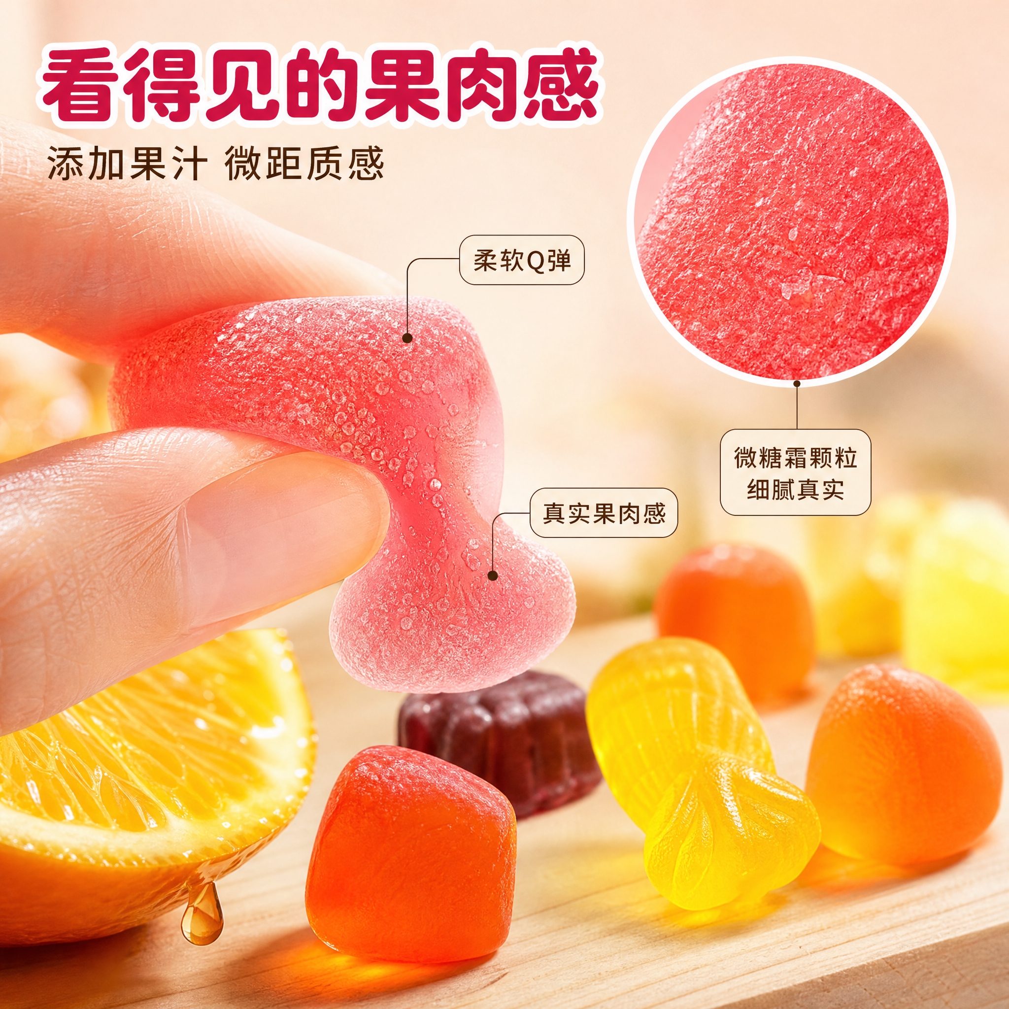 [主图-3] GQQ萌丫果汁软糖 微距细节图，唯一任务：放大软… - 图片创意预览