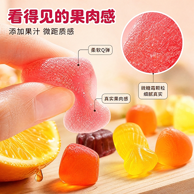 [主图-3] GQQ萌丫果汁软糖 微距细节图，唯一任务：放大软糖的表面质感与果肉感。
[统一基调] 明亮活泼的糖果风，高饱和鲜果配色；背景用暖白到浅蜜桃粉的柔光渐变，配浅色木纹台面，自然暖阳侧逆光；主标题采用粗圆体，字色深莓红并加白色描边，强调色为亮黄与鲜橙，辅助文案用小号细黑体、字色深棕；组件统一为圆角小标签与细引线，不用厚重色块底板和边框。
[画面] 画面以微距特写为主体：一枚粉红草莓味软糖被拇指与食指轻轻捏住微微回弹，糖体半透明、表面有细糖霜颗粒与内部果肉色层，只露出局部手部，不出现人脸；右侧一个圆形放大镜窗口展示软糖表面的微距纹理；台面上散落橙子味、菠萝味、蜜桃味软糖和一小块切开的鲜果，边缘有一滴将要滴落的果汁；软糖形态与颜色严格参照第二张产品图，不改变糖果形状与配色；景深浅、背景过渡柔和，不沿用输入图白底平铺构图，也不与主图1、主图2同视角。
[光影质感] 微距商业摄影，暖阳侧逆光穿透糖体形成通透光斑，糖霜有细微反光，焦外柔和，产品接触台面有真实阴影。
[配色] 沿用统一基调，糖果色只作环境色。
[文字版式] 左上大字“看得见的果肉感”，下方小字“添加果汁 微距质感”，粗圆体深莓红配白描边，横排不竖排，文字放在柔和负空间，不遮挡软糖与手指。
[输出要求] 1:1正方形，文字清晰无错字；禁止变形、错字、模糊、杂乱、水印、平台Logo、多余手指、畸形手、融合手指。