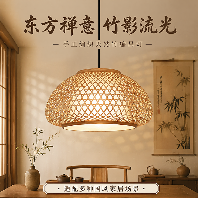 [第1屏] 详情页头图-东方禅意手工竹编吊灯主视觉海报。本屏使用【图1】作为商品主体。
[氛围/风格] 东方禅意侘寂风，暖调原木氛围，温馨雅致，商业摄影质感，突出自然材质的高级感。
[元素布局] 吊灯悬挂于画面中心位置，占比约70%，背景为浅原木色茶室空间，墙面搭配素雅禅意装饰画，四周留白，保留干净通透感，保持吊灯竹编结构、原木包边颜色形状与输入产品图一致。
[光影质感] 吊灯点亮状态，暖光从竹编缝隙透出，在墙面形成柔和格纹光影，整体偏暖柔调，阴影自然过渡，主体清晰突出。
[配色色系] 全局底色 #F8F2E4，主体为原木浅棕竹编，辅助色浅米墙面、深棕挂绳，整体配色统一和谐。
[视角构图] 正面微仰视角度，产品为绝对视觉中心，阅读动线从上到下：标题→产品→底部信息。
[文字版式] 版式为顶部标题+中部产品+底部信息条。主标题「东方禅意 竹影流光」，副标题「手工编织天然竹编吊灯」，主标题加粗书法字体居中，副标题细体紧随其后，底部信息条标注「适配多种国风家居场景」，文字均不遮挡产品主体，保持清晰可读。
[比例分辨率] 1:1，4K，文字清晰可辨。
[负向提示词] 产品变形，缺件错件，颜色偏差，竹编结构错乱，水印，文字过小，背景杂乱，文字遮挡主体