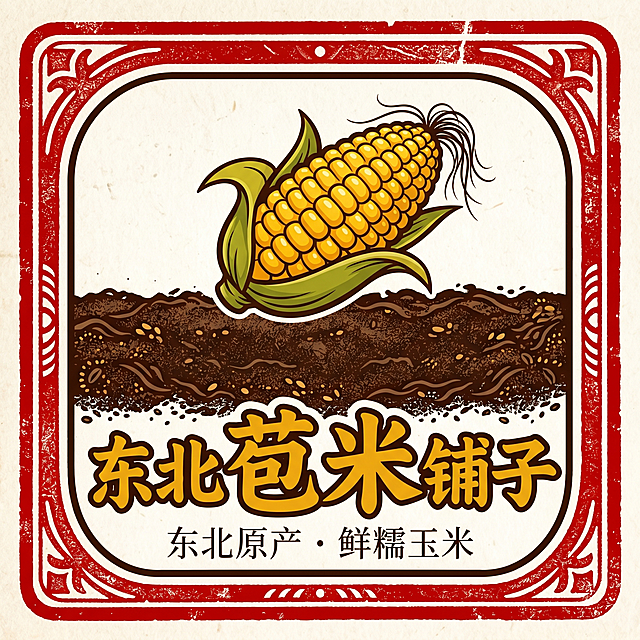电商平台店铺LOGO设计，1:1比例，店铺名称“东北苞米铺子”，包含产品元素糯玉米。圆润饱满的卡通糯玉米体现软糯甜，结合东北地域符号黑土地肌理，主店名“东北苞米铺子”用粗拙手写书法体，“苞米”二字放大突出，自带东北豪爽接地气气质，辅助文字小字“东北原产 · 鲜糯玉米”用纤细宋体，主色为蜜金黄搭配东北红，辅助色为深棕和米白，采用国潮印章风构图，圆角印章轮廓，内绘玉米图案，下方放店名，整体对称稳重，辨识度高记忆点强