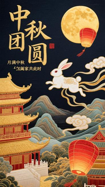 主体内容：带有“中秋团圆”艺术字体，多层立体的中式古典楼阁建筑群，还有金色的白兔、飞天玉兔形象；场景设定：在类似祥云或山水纹理的立体结构上，背景是深色天空，挂着一轮明亮圆月；色彩色调：整体为暖橙金色调预览效果