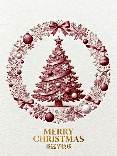 居中构图，上下左右大比例留白，极繁主义风格，描绘一棵装饰精美的圣诞树作为核心主体，树身被雪花、彩球、缎带与星星环绕，整体构成一个细腻的闭环圆环。画面采用波尔多红色细腻颗粒质感宣纸为背景，大面积留白体现预览效果