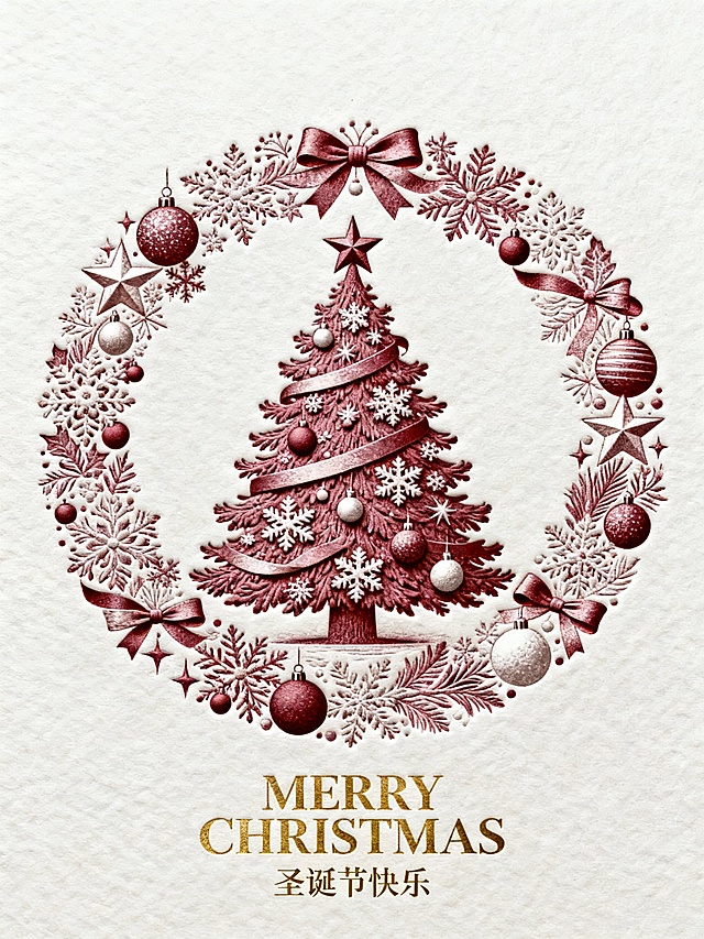 复古刺绣风圣诞贺卡，以浮雕质感呈现红白相间的圣诞树与花环，搭配撕纸风格装饰，营造喜庆温馨的节日氛围。