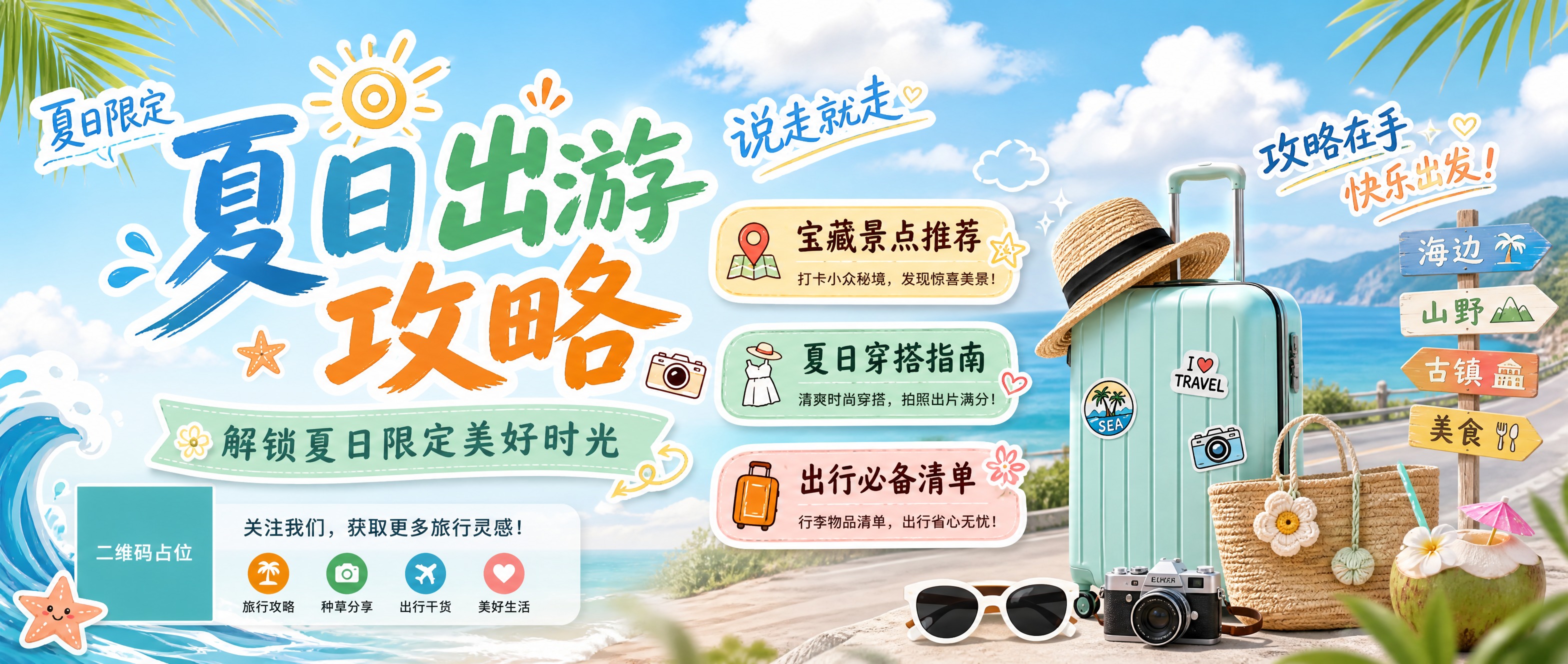 公众号首图海报，夏日出游攻略主题，清新夏日风格，明亮活泼的生活… - 图片创意预览