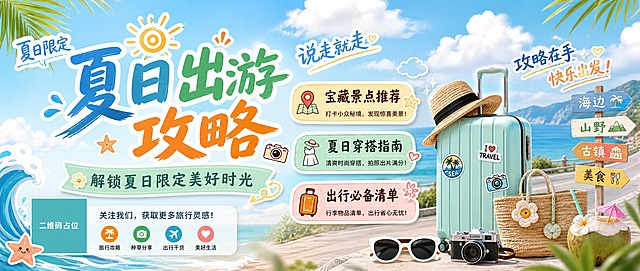 公众号首图海报，夏日出游攻略主题，清新夏日风格，明亮活泼的生活化种草氛围。画面主视觉为夏日出游场景——蓝天白云、海边或公路、行李箱、太阳帽、墨镜、相机等出游元素，色彩以天蓝、薄荷绿、暖橙为主，充满夏日阳光感。

画面左侧或居中位置放置大标题主文字："夏日出游攻略"，字体醒目活泼，下方副标题："解锁夏日限定美好时光"。画面右侧或下方分布三个信息标签贴纸，分别写着："宝藏景点推荐"、"夏日穿搭指南"、"出行必备清单"，贴纸采用圆角矩形、手写感风格，带轻微阴影和立体感。

画面点缀装饰元素：小太阳、云朵、棕榈叶、海浪等夏日元素贴纸，还有"夏日限定"、"说走就走"、"攻略在手"等手写感短句装饰。整体版式精美，信息层级分明，留白舒适，具有强烈的内容种草封面感。

画面中所有信息区域、标签贴纸必须填充完整合理的内容，不得出现空白框、空白占位、横线待填写区域、空列表项。

画面中所有二维码区域使用纯色方块占位符呈现，方块中央标注"二维码占位"文字，严禁生成任何可识别的二维码图案。