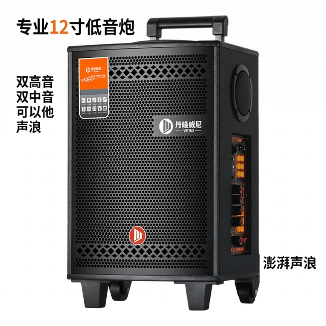 白底或浅灰底精修图，清晰展示广场舞音响产品全貌，产品垫图基于提供的原产品图，文案为"专业12寸低音炮" "双高音双中音" "澎湃声浪"，文案悬浮在图片上，简洁清晰，突出产品外观，电商主图风格预览效果
