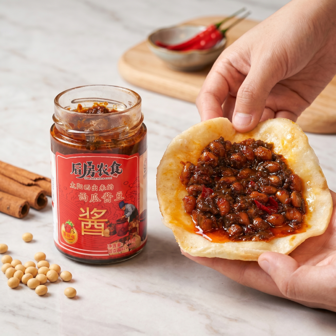 重新生成西瓜酱豆电商主图，保留原产品玻璃罐和手捧饼上酱豆的样子，更换为干净简约的美食电商背景，突出产品，整体风格诱人食欲，适合商品主图展示预览效果