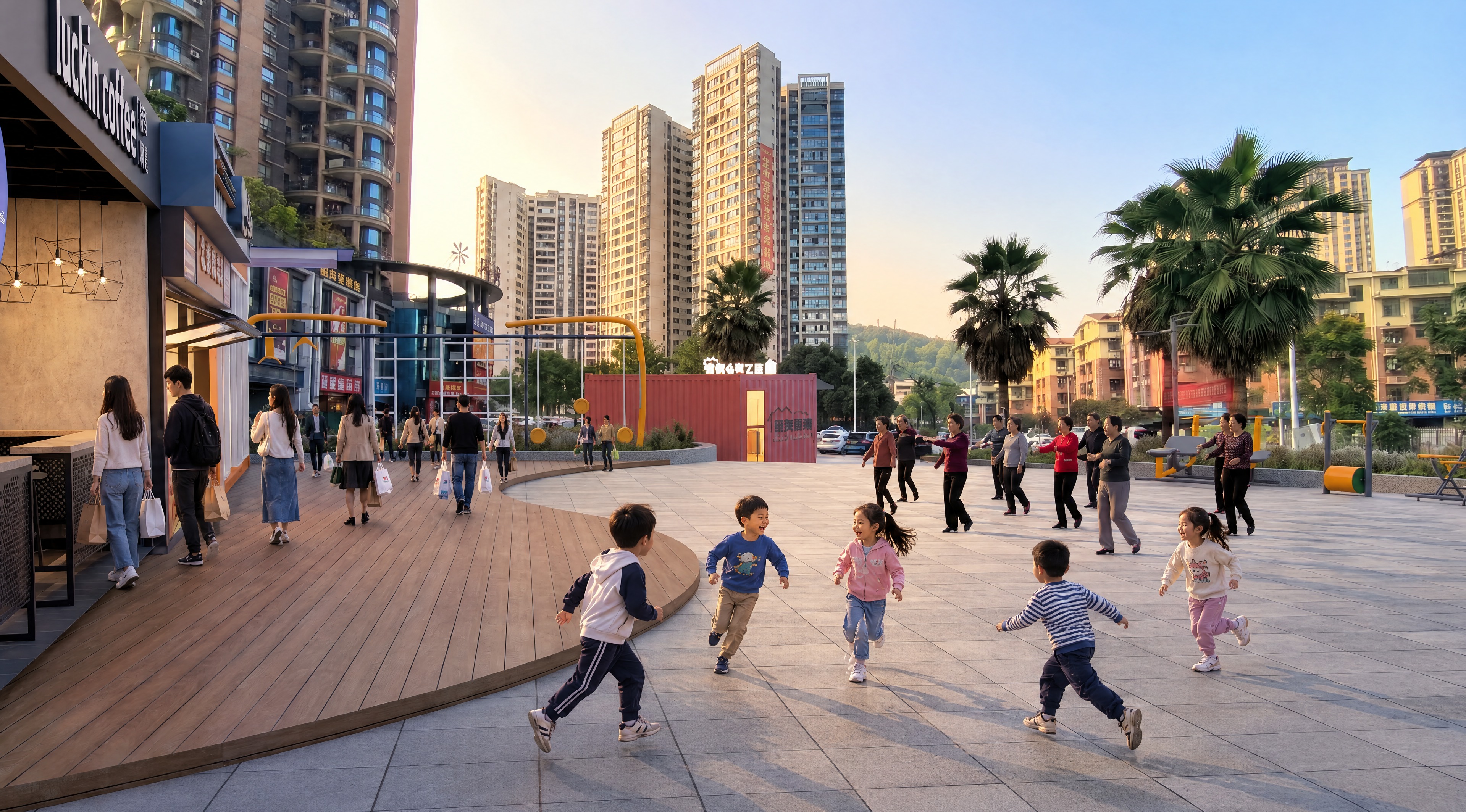 在这张城市广场图片中增加人物：左侧商业街区域增加几位提着购物袋… - 图片创意预览