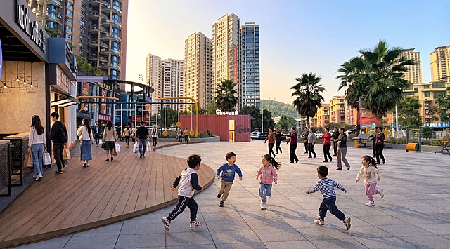 在这张城市广场图片中增加人物：左侧商业街区域增加几位提着购物袋、正在逛街购物的中国成年人，广场开阔区域增加若干正在奔跑嬉戏的中国儿童，保留原有跳广场舞的人群，所有人物均为中国人形象，自然融入场景，光影透视与原图保持一致，画面其余内容、建筑、景观、整体构图和风格均保持不变