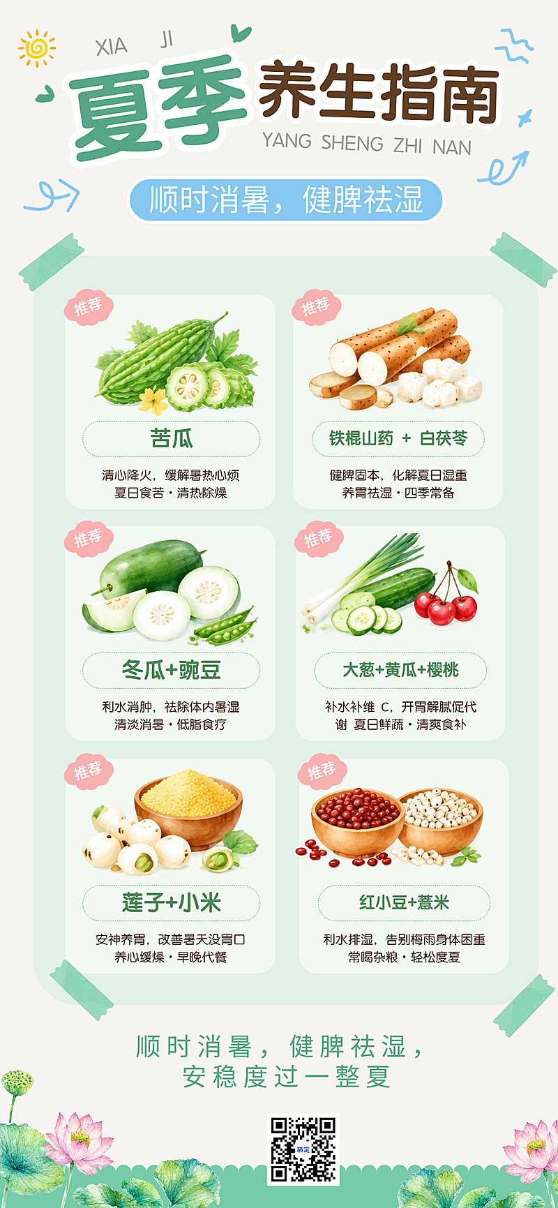 夏季养生指南饮食指南清新手绘风全屏竖版海报