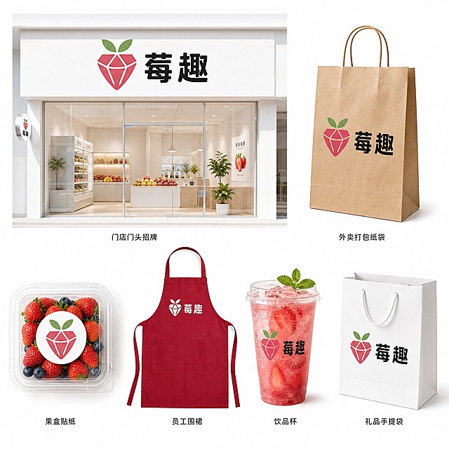 "莓趣"水果店品牌VI设计展示图（门店与包装系统），白色背景，多个应用场景组合展示。logo样式严格按照参考图：钻石切面造型的草莓图形，粉红色多面体切面，顶部两片鼠尾草绿叶子，右侧是"莓趣"两个粗黑体字，黑色。所有场景中的logo造型、比例、配色必须与参考图完全一致，不得挤压变形或更改配色。

展示内容包括：
1. 门店门头招牌：白色底墙，中间是莓趣钻石草莓logo+品牌名，简约现代，玻璃橱窗，干净明亮
2. 外卖打包纸袋：牛皮纸色纸袋，正面印有莓趣logo，简约干净
3. 果盒贴纸：圆形贴纸，中间是莓趣钻石草莓图形logo，贴在透明果盒上
4. 员工围裙：深莓红色围裙，胸口有白色莓趣logo
5. 饮品杯：透明塑料杯，杯身印有莓趣logo，装着粉色草莓饮品
6. 礼品手提袋：白色硬纸袋，正面有莓趣logo，高级简约

所有场景中的钻石草莓logo造型、比例、配色完全一致。整体排版为VI手册式的专业展示，白色背景，每个应用下方有小字标注。