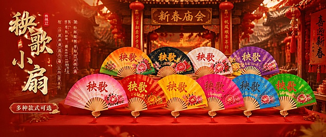 秧歌小扇主题轮播图，喜庆庙会场景，多把彩色秧歌折扇整齐排列展示，传统中式风格，暖色调，年味浓郁，构图适合网站轮播展示，尺寸950*400px
