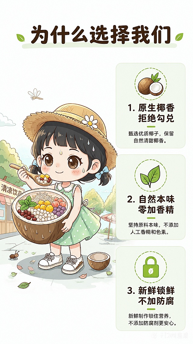 使用商品详情页技能根据商品图「图片1」生成详情页，参考图为，商品名称为椰好三章，卖点为严格恪守三不加标准：不加勾兑椰浆、不加香精、不加防腐剂，适配平台为淘宝/天猫，图片比例为9:16，需求屏数为8张，