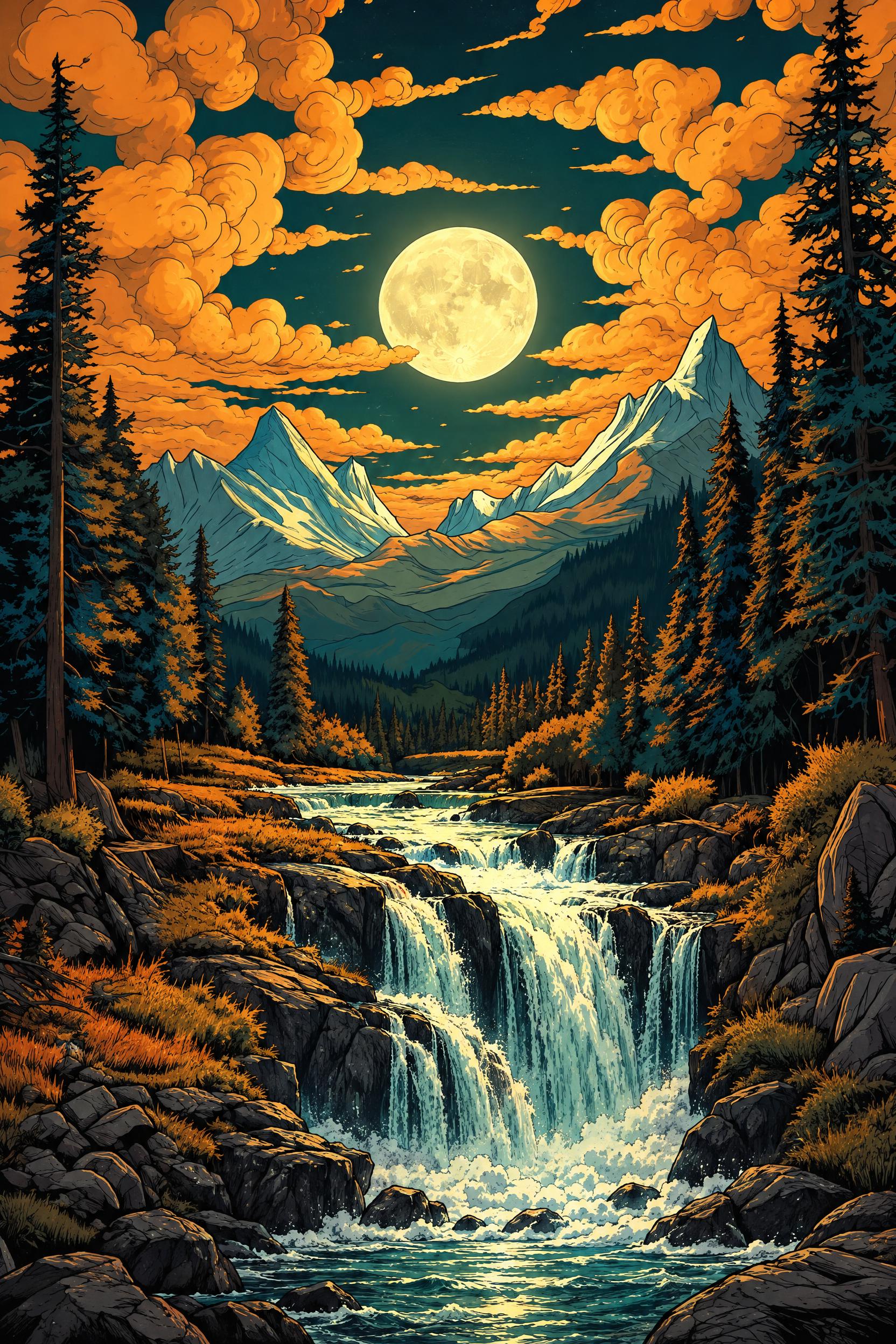 参考图中的复古插画风格，保持画面构图和山脉、森林、岩石、草地等… - 图片创意预览