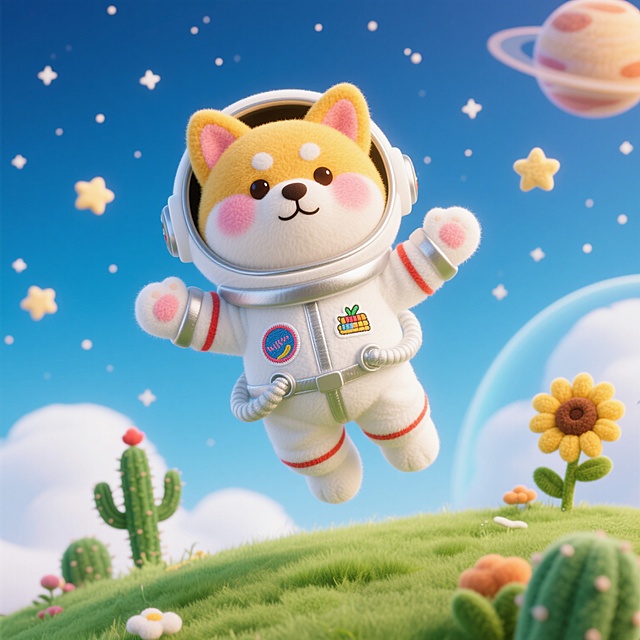 3D卡通风格，拟人化小狗宇航员在梦幻星球探险，可爱感十足。