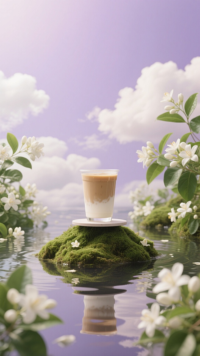 一杯奶茶展台位于画面中心，被绿色苔藓覆盖的小丘托起，周围环绕着盛开的白色茉莉花与翠绿叶片，清澈水面倒映着展台与花朵，上方是漂浮着蓬松白云的淡紫色天空，整体呈现柔和梦幻的莫兰迪色调，光线明亮柔和，营造出清新自然的氛围，画面构图平衡，主体突出，细节丰富。