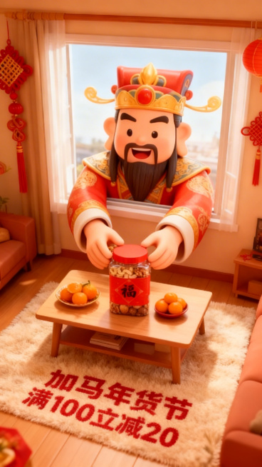 3d卡通风格，客厅景观。Q版巨大灶王爷（形象软萌）从窗户外探身进来，双手把图中主体放在客厅桌上（桌面摆放橘子、果盘），客厅装饰中国结、灯笼元素，暖色调喜庆氛围，画面底部毛绒地毯上绣着“加马年货节”“满预览效果