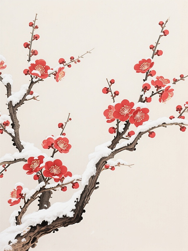中国传统工笔花鸟画风格，以细腻的笔触描绘雪中盛开的红梅，枝干苍劲有力，暗褐色的枝干上覆盖着厚实的白雪，枝头点缀着大量鲜艳的红色梅花，花瓣层次分明，花蕊清晰可见，背景为干净的米白色，营造出清雅、高洁的氛围，整体构图疏密有致，留白恰到好处，展现出梅花傲雪凌霜的风骨，无任何文字及装饰元素干扰主体梅花的呈现。