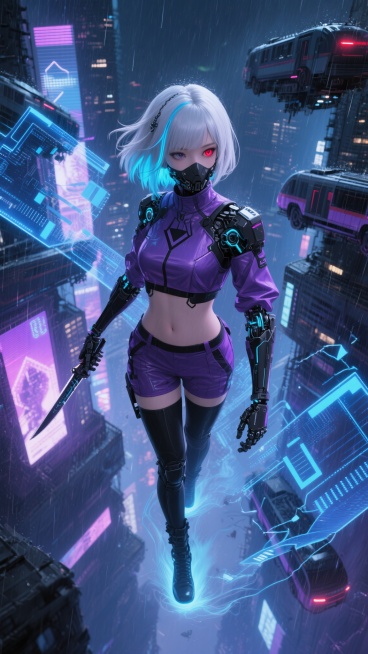 俯视角镜头，在被霓虹灯雨丝切割的赛博都市夜景中，一位半机械化改造的少女悬浮于全息广告牌与空中交通流之间，她拥有及腰的银白色不对称短发，左侧发绺挑染着荧光蓝并编有微型数据管线，右眼镶嵌着猩红光感义眼，面部覆盖着几何形的黑色机械面纹。她身着暗紫色机能风露脐作战服，肩部装配着碳纤维装甲，手臂延伸出可伸缩的纳米刀刃，黑色过膝战术靴底部喷射着淡蓝色反重力气流。周围环绕着全息投影的蓝色数据流与破碎的霓虹符……预览效果
