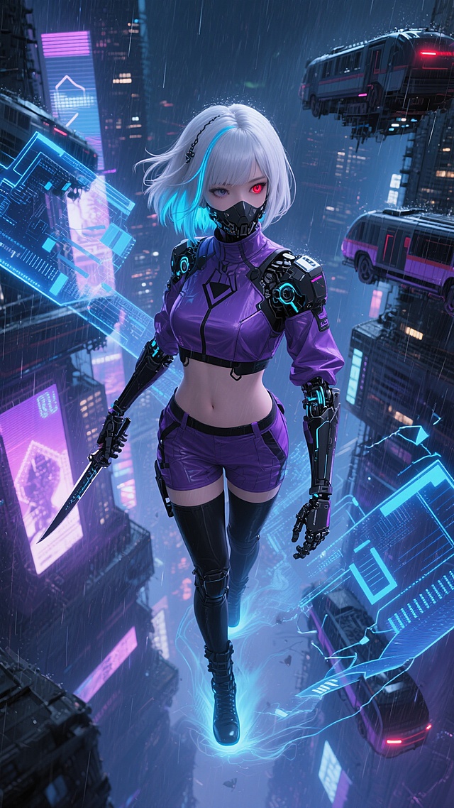 俯视角镜头，在被霓虹灯雨丝切割的赛博都市夜景中，一位半机械化改造的少女悬浮于全息广告牌与空中交通流之间，她拥有及腰的银白色不对称短发，左侧发绺挑染着荧光蓝并编有微型数据管线，右眼镶嵌着猩红光感义眼，面部覆盖着几何形的黑色机械面纹。她身着暗紫色机能风露脐作战服，肩部装配着碳纤维装甲，手臂延伸出可伸缩的纳米刀刃，黑色过膝战术靴底部喷射着淡蓝色反重力气流。周围环绕着全息投影的蓝色数据流与破碎的霓虹符号，背景是层叠的悬浮建筑与穿梭的磁悬浮车辆，雨水中倒映着扭曲的光影与她机械义肢的冷光，色调是赛博紫与电子蓝的强烈碰撞，整体画面充满科技感与未来冷峻美学。