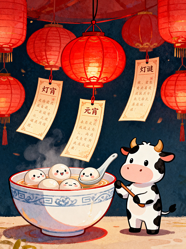 水彩风格插画，拟人小牛煮汤圆，红灯笼与灯谜营造元宵喜庆氛围，卡通感十足。
