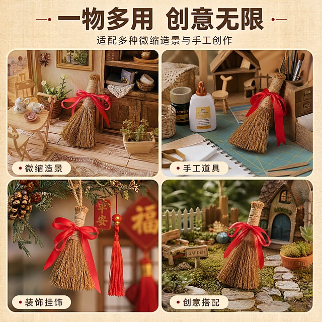 [商品] 使用【图1】【图4】【图5】稻草小毛刷捆红绳；保留稻草材质、棉红绳蝴蝶结、麻绳手柄、整体造型比例和颜色不变。
[画面] 第5张·多场景适配，目标展示多种用法场景。四宫格拼图布局，每格一个使用场景：1.娃娃屋角落、2.手工创作桌面、3.节日装饰挂饰、4.微缩花园造景。每格中都有小扫把商品融入场景。景别为多格中景组合。阅读动线：从上至下从左至右。至少3层环境元素每格。
[视觉] 套系策略：风格=温馨手作感商业摄影；标题字=阿里巴巴普惠体粗体；正文字=阿里巴巴普惠体常规体；主色=暖米杏色；背景延展=基于暖米杏做深浅层级、同色渐变和细腻麻布/纸张质感；强调色=正红色，仅用于小面积图标、引线和标签点缀；标题色=深棕褐色；正文色=中暖棕色；组件=圆角浅底信息卡、细线引线、圆点装饰；光影=左前侧暖柔光，柔和阴影，各格光线统一。
[文字] 顶部主标题"一物多用 创意无限"，副标题"适配多种微缩造景与手工创作"，每格配小字标注场景名称：微缩造景、手工道具、装饰挂饰、创意搭配。文字不遮挡商品主体。所有文字横向排版。
[规格] 图片比例1:1正方形，4K，medium。避免变形、错字、文字过小、冷蓝/蓝灰背景、商品颜色改变、结构失真、极限词违禁词、小标致图案、天然环保原生态等词。