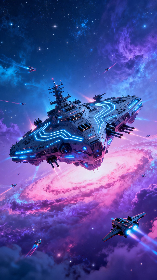 帮我生成20张手游壁纸，整体以蓝紫粉为主色调，呈现华丽梦幻、科幻元素的二次元游戏美术宣传风格。